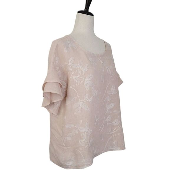 Valentina Nalini Blush Linen Embroidered Scoop Neck Ruffle Sleeve Blouse Size M - Picture 2 of 8